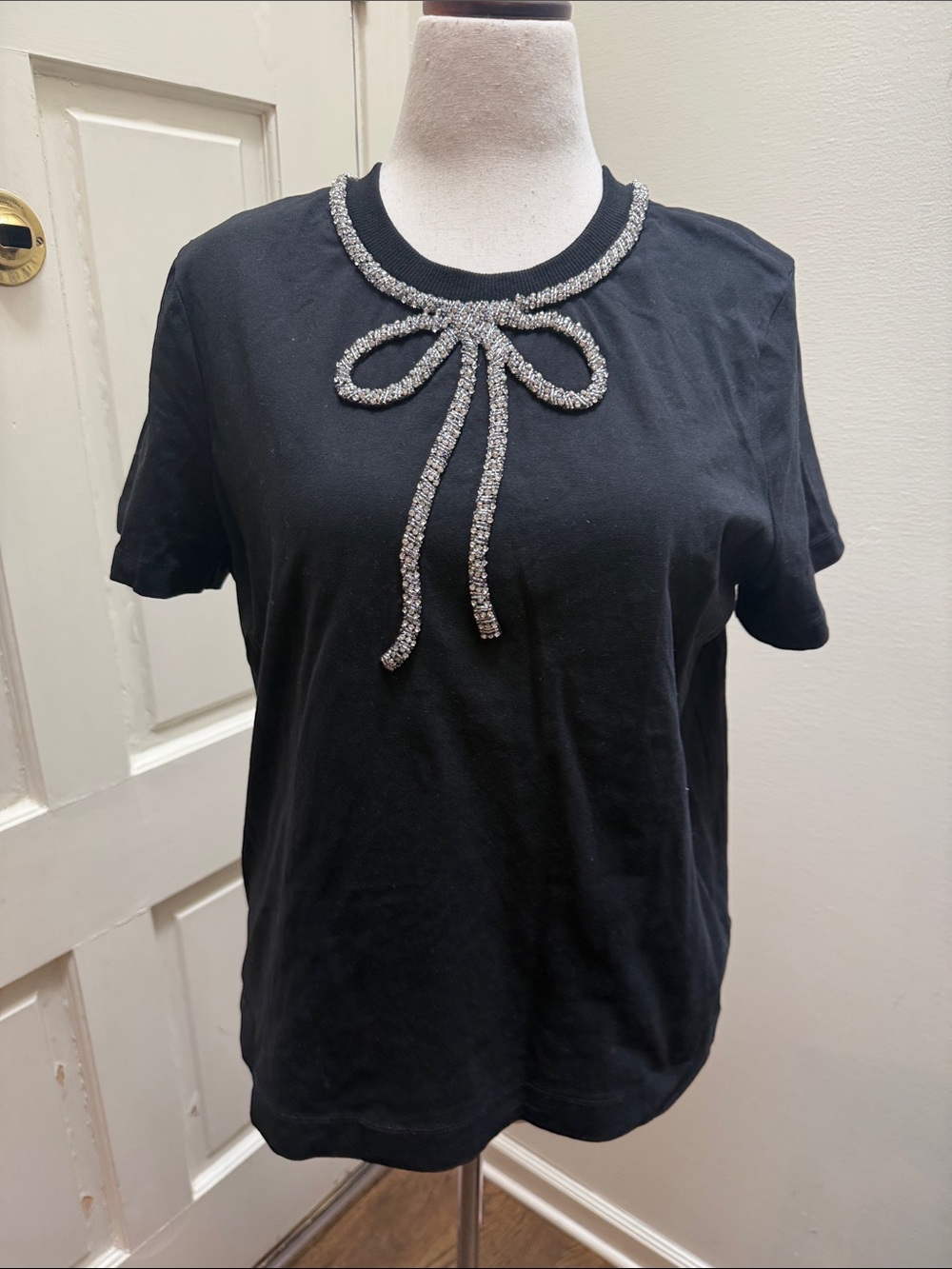 Maeve Anthropologie Black Short-Sleeve Tee with Jeweled Bow Neckline